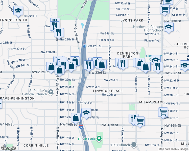 map of restaurants, bars, coffee shops, grocery stores, and more near 2315 North Woodward Avenue in Oklahoma City