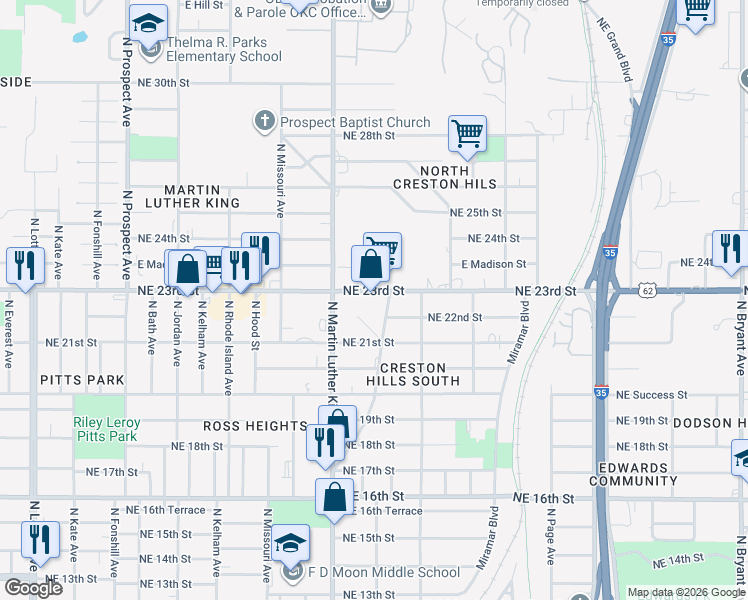 map of restaurants, bars, coffee shops, grocery stores, and more near 2038 Northeast 23rd Street in Oklahoma City