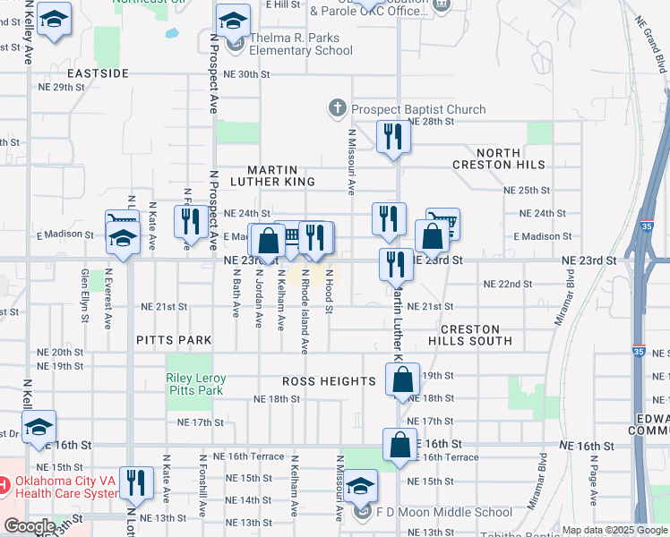 map of restaurants, bars, coffee shops, grocery stores, and more near 1800 Northeast 23rd Street in Oklahoma City