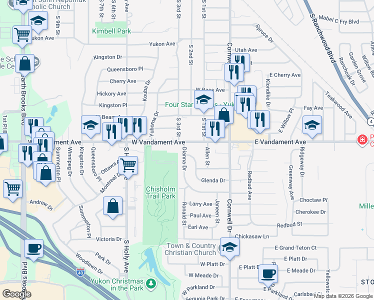 map of restaurants, bars, coffee shops, grocery stores, and more near 1305 Dianna Drive in Yukon
