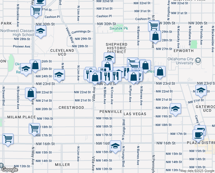map of restaurants, bars, coffee shops, grocery stores, and more near 2336 Northwest 23rd Street in Oklahoma City