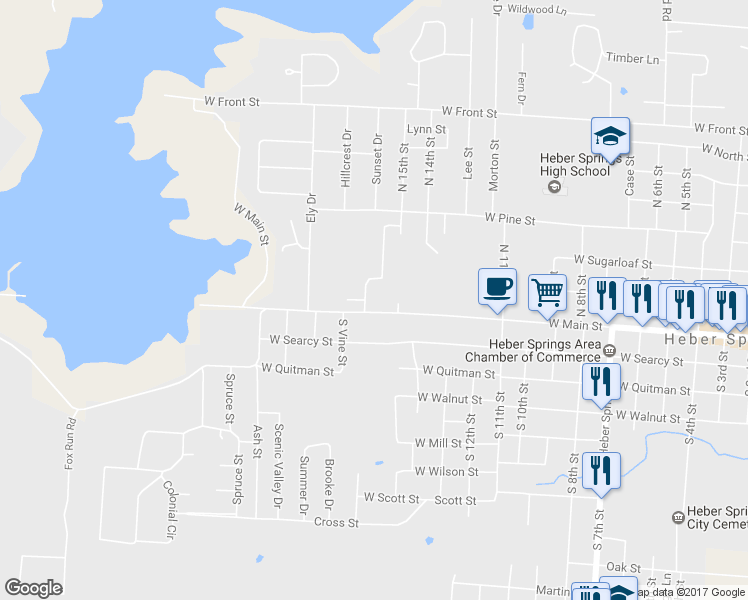 map of restaurants, bars, coffee shops, grocery stores, and more near 111 Westhill Drive in Heber Springs
