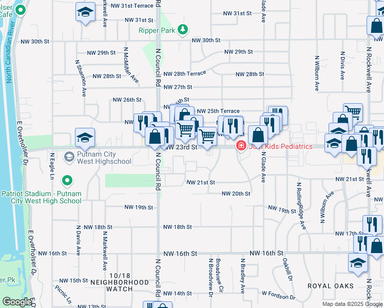 map of restaurants, bars, coffee shops, grocery stores, and more near 7908 Northwest 23rd Street in Bethany