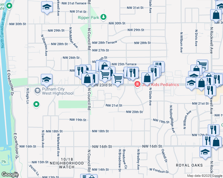 map of restaurants, bars, coffee shops, grocery stores, and more near 7908 Northwest 23rd Street in Bethany