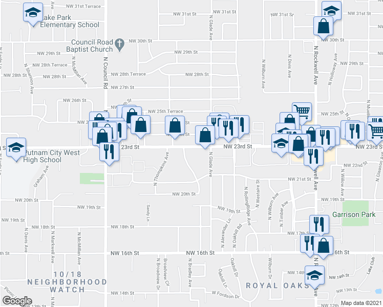 map of restaurants, bars, coffee shops, grocery stores, and more near 7530 Northwest 23rd Street in Bethany