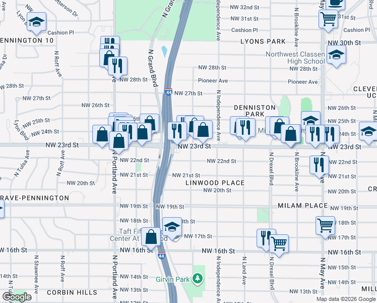map of restaurants, bars, coffee shops, grocery stores, and more near 3342 Northwest 23rd Street in Oklahoma City