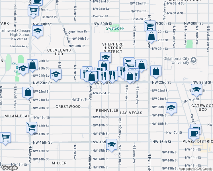 map of restaurants, bars, coffee shops, grocery stores, and more near 2336 Northwest 23rd Street in Oklahoma City