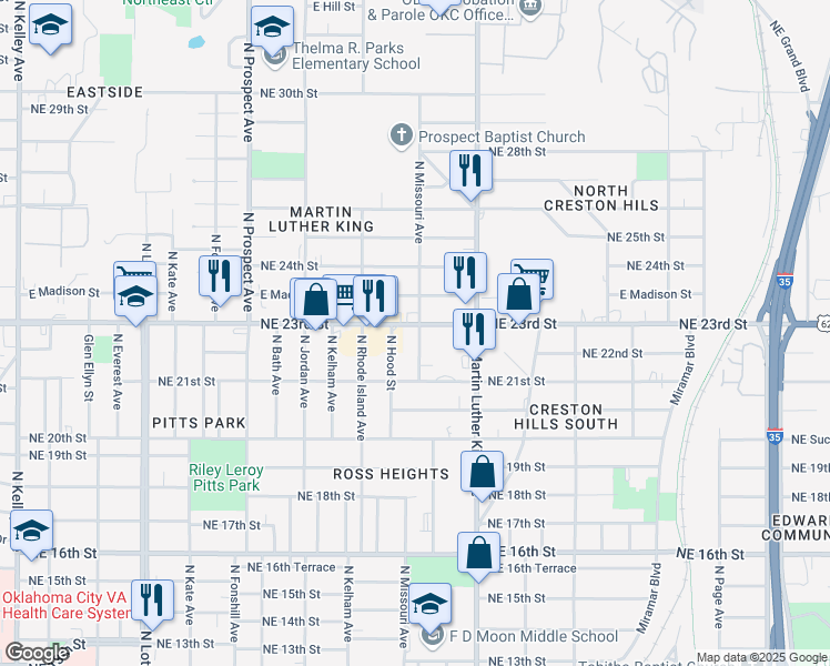 map of restaurants, bars, coffee shops, grocery stores, and more near 1800 Northeast 23rd Street in Oklahoma City