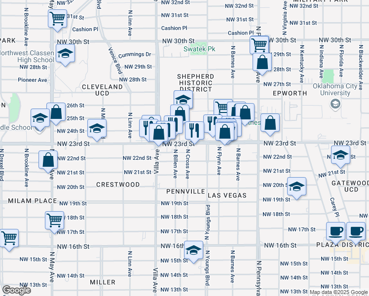 map of restaurants, bars, coffee shops, grocery stores, and more near 2336 Northwest 23rd Street in Oklahoma City