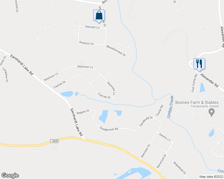 map of restaurants, bars, coffee shops, grocery stores, and more near 9315 Seymour Lane in Davidson
