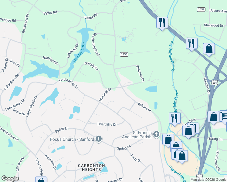 map of restaurants, bars, coffee shops, grocery stores, and more near 1818 Windmill Dr in Sanford
