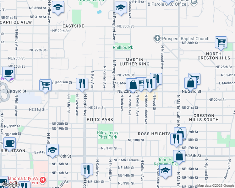 map of restaurants, bars, coffee shops, grocery stores, and more near 1518 Northeast 23rd Street in Oklahoma City