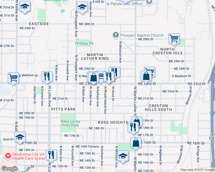 map of restaurants, bars, coffee shops, grocery stores, and more near 1829 Northeast 23rd Street in Oklahoma City