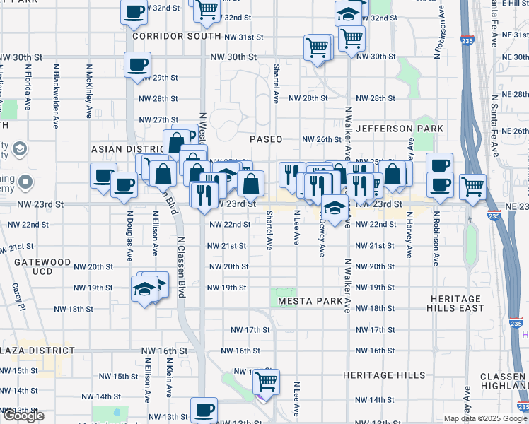 map of restaurants, bars, coffee shops, grocery stores, and more near 730 Northwest 23rd Street in Oklahoma City