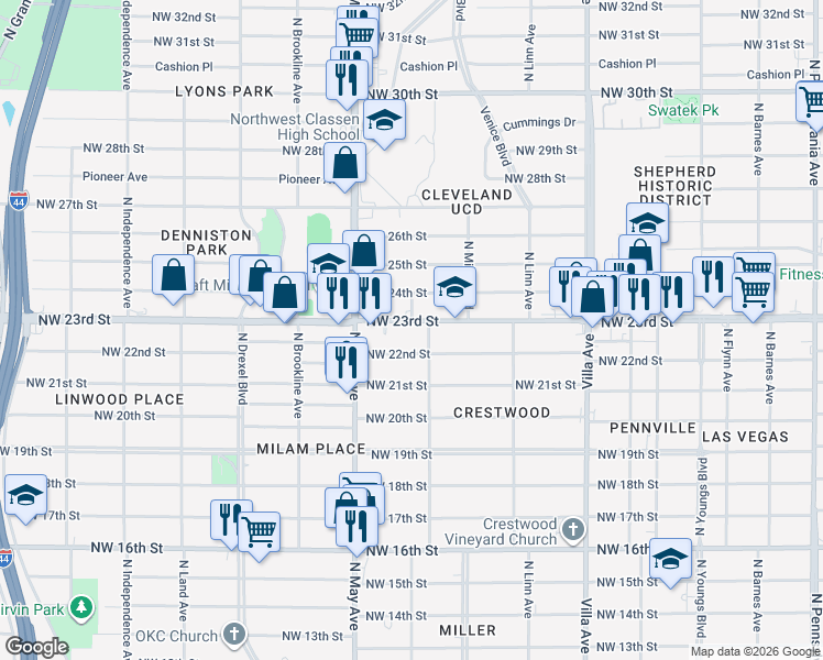 map of restaurants, bars, coffee shops, grocery stores, and more near 2804 Northwest 23rd Street in Oklahoma City