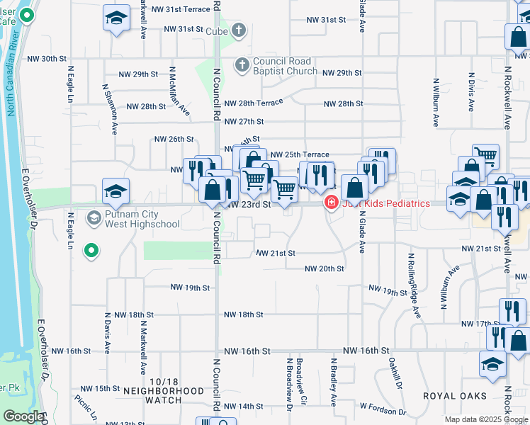 map of restaurants, bars, coffee shops, grocery stores, and more near 7908 Northwest 23rd Street in Bethany