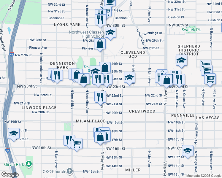 map of restaurants, bars, coffee shops, grocery stores, and more near 2836 Northwest 23rd Street in Oklahoma City