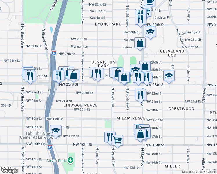 map of restaurants, bars, coffee shops, grocery stores, and more near 3104 Northwest 23rd Street in Oklahoma City