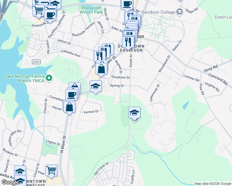 map of restaurants, bars, coffee shops, grocery stores, and more near 631 James Alexander Way in Davidson