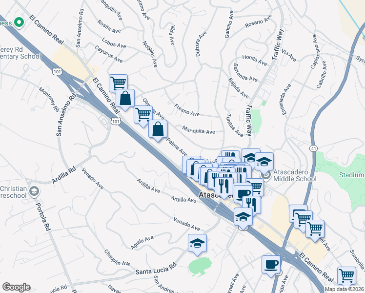 map of restaurants, bars, coffee shops, grocery stores, and more near 5372 Olmeda Avenue in Atascadero
