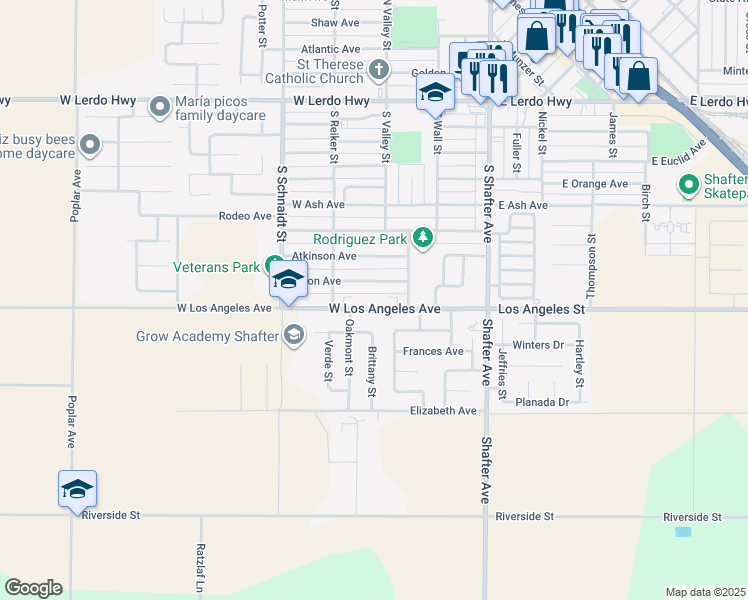map of restaurants, bars, coffee shops, grocery stores, and more near 310 West Los Angeles Avenue in Shafter