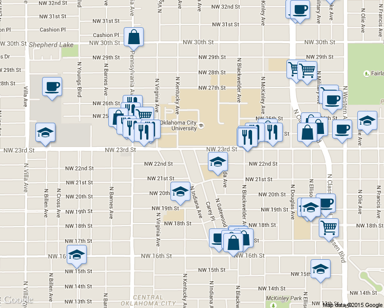 map of restaurants, bars, coffee shops, grocery stores, and more near 1844 Northwest 23rd Street in Oklahoma City