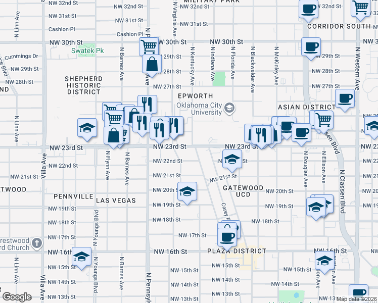 map of restaurants, bars, coffee shops, grocery stores, and more near 2320 North Indiana Avenue in Oklahoma City