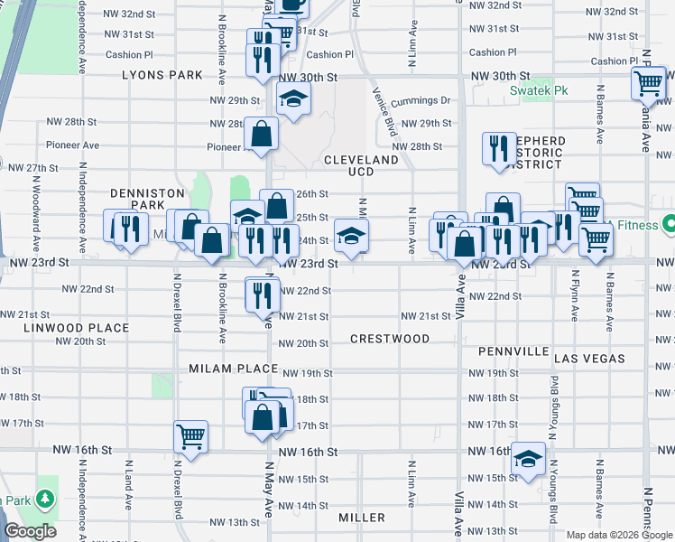 map of restaurants, bars, coffee shops, grocery stores, and more near 2804 Northwest 23rd Street in Oklahoma City