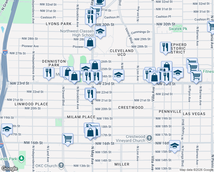 map of restaurants, bars, coffee shops, grocery stores, and more near 2804 Northwest 23rd Street in Oklahoma City