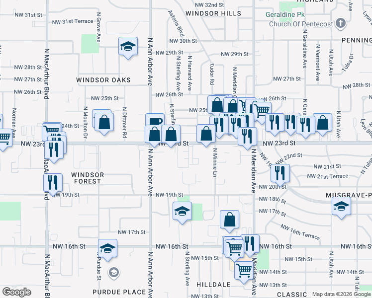 map of restaurants, bars, coffee shops, grocery stores, and more near 4724 Northwest 23rd Street in Oklahoma City