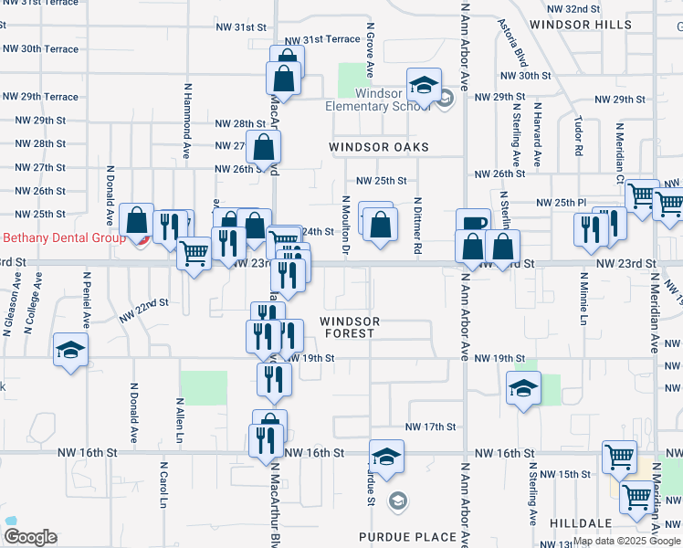 map of restaurants, bars, coffee shops, grocery stores, and more near 5602 Northwest 23rd Street in Oklahoma City