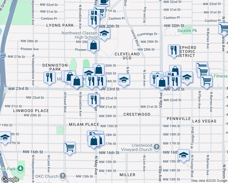 map of restaurants, bars, coffee shops, grocery stores, and more near 2804 Northwest 23rd Street in Oklahoma City