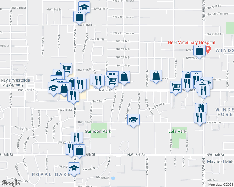 map of restaurants, bars, coffee shops, grocery stores, and more near 2312 North Gleason Avenue in Bethany