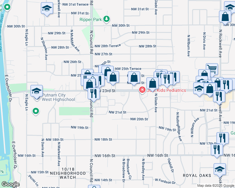 map of restaurants, bars, coffee shops, grocery stores, and more near 7706 NW 23rd St in Bethany