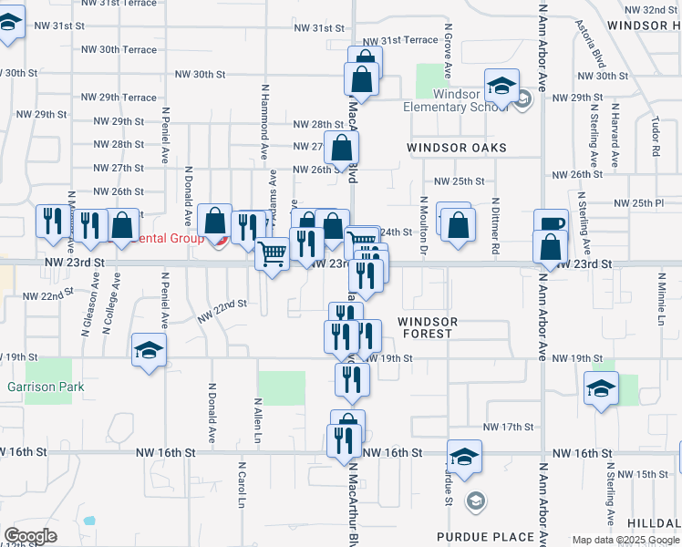 map of restaurants, bars, coffee shops, grocery stores, and more near 5920 Northwest 23rd Street in Oklahoma City