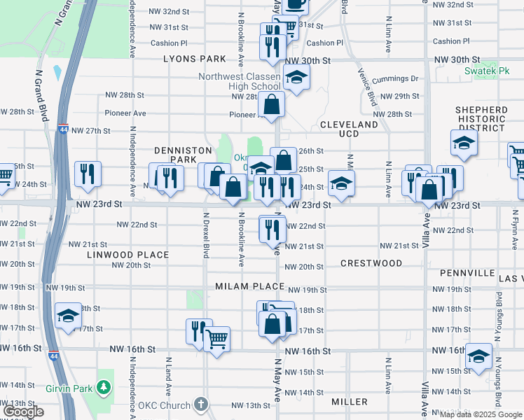 map of restaurants, bars, coffee shops, grocery stores, and more near 2916 Northwest 23rd Street in Oklahoma City