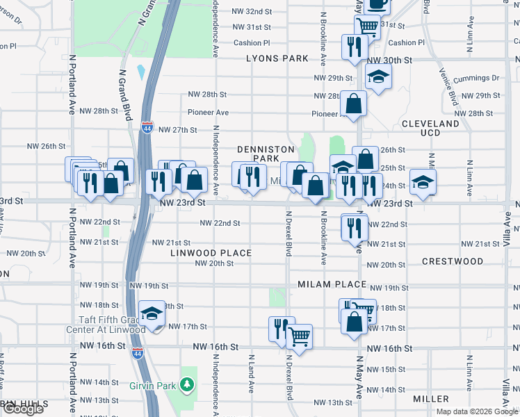 map of restaurants, bars, coffee shops, grocery stores, and more near 3134 Northwest 23rd Street in Oklahoma City