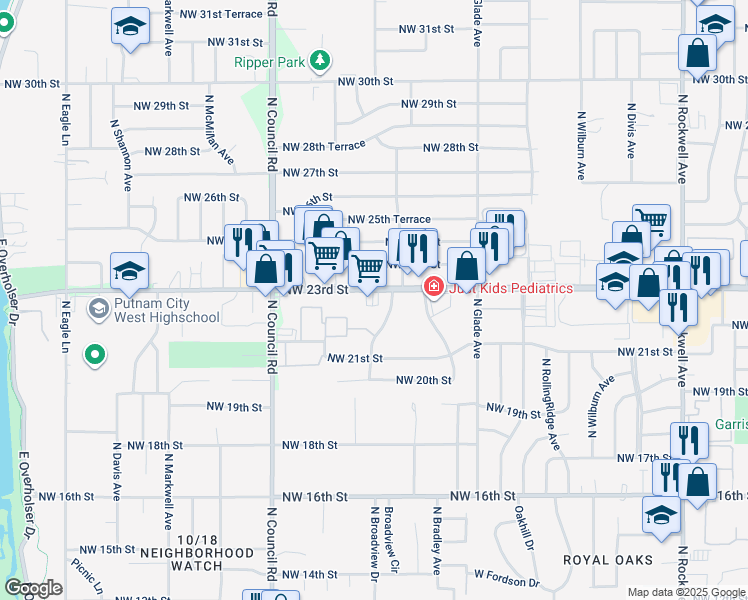 map of restaurants, bars, coffee shops, grocery stores, and more near 7706 Northwest 23rd Street in Bethany