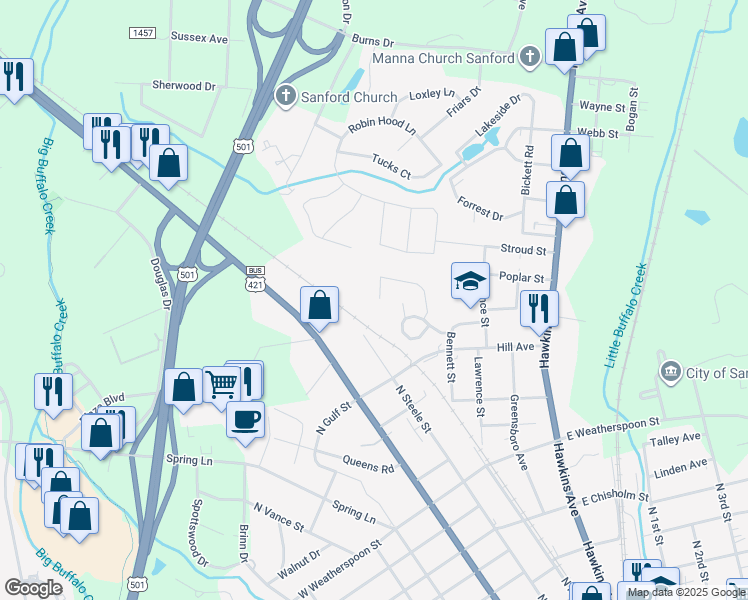 map of restaurants, bars, coffee shops, grocery stores, and more near 201 Jamestown Drive in Sanford