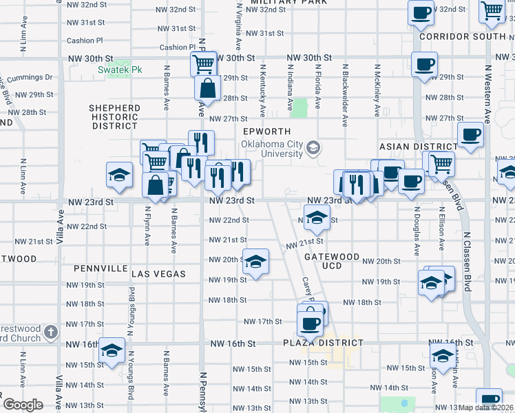 map of restaurants, bars, coffee shops, grocery stores, and more near 2320 North Indiana Avenue in Oklahoma City