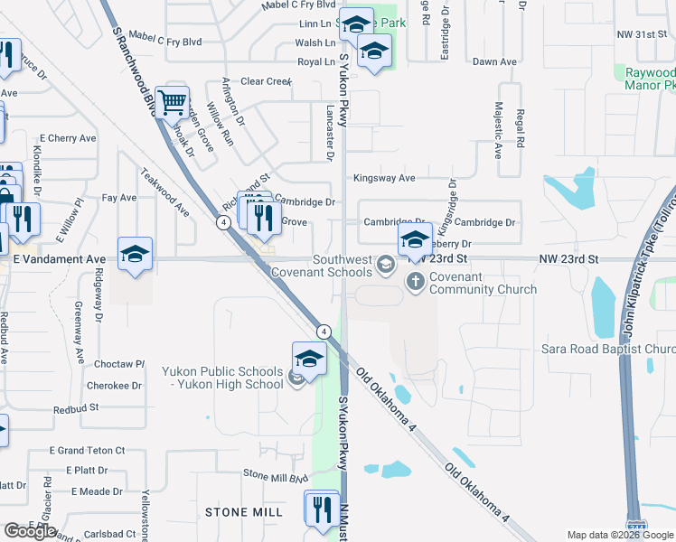 map of restaurants, bars, coffee shops, grocery stores, and more near 1305 Katelyn Court in Yukon