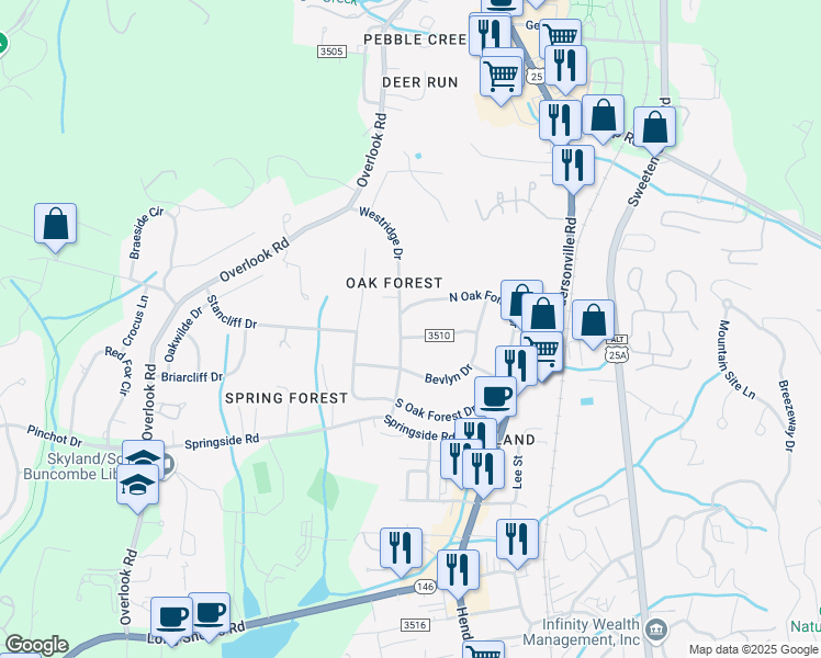 map of restaurants, bars, coffee shops, grocery stores, and more near 7 Holly Ridge Drive in Asheville
