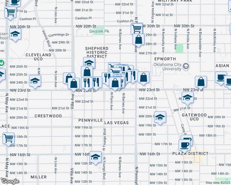 map of restaurants, bars, coffee shops, grocery stores, and more near 2222a Northwest 23rd Street in Oklahoma City