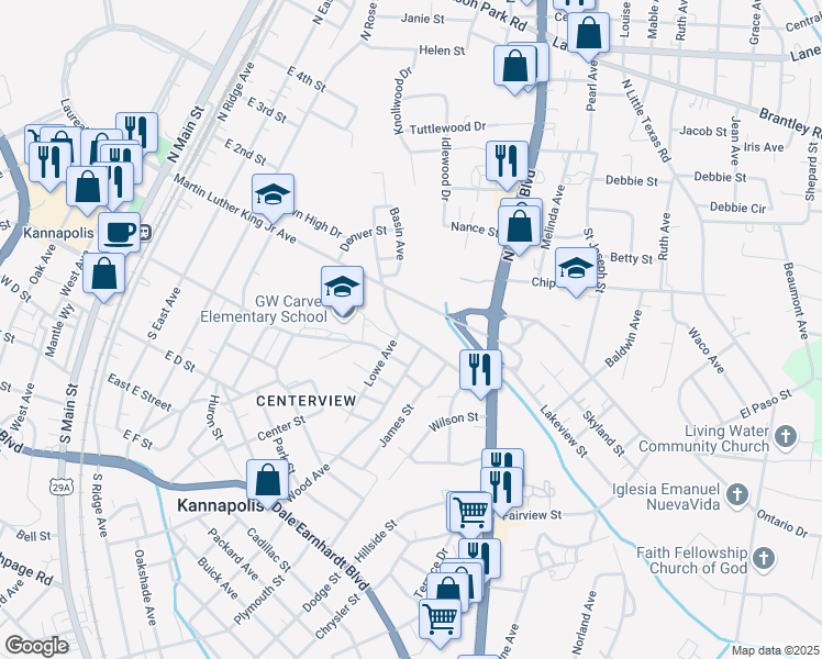 map of restaurants, bars, coffee shops, grocery stores, and more near 603 South Harding Avenue in Kannapolis