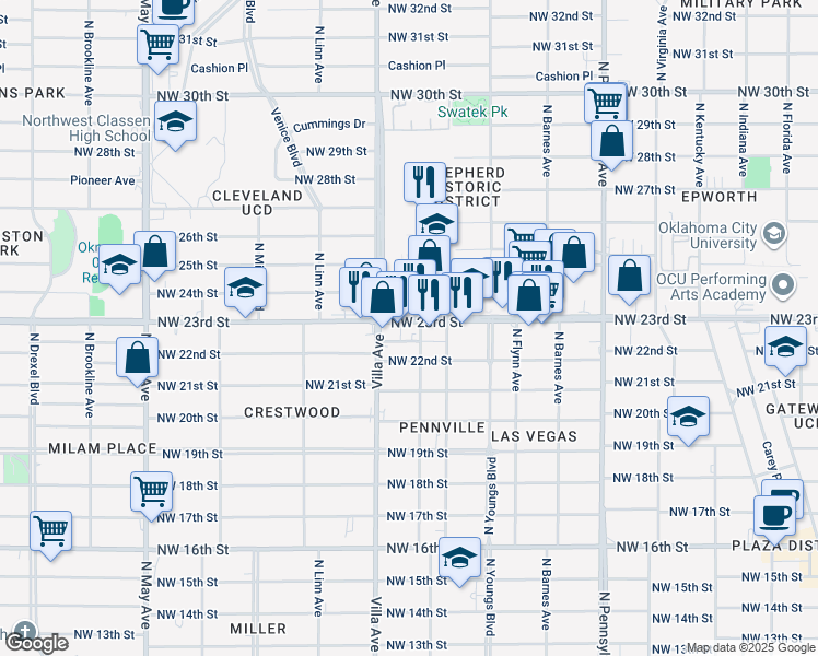 map of restaurants, bars, coffee shops, grocery stores, and more near 2410 Northwest 23rd Street in Oklahoma City