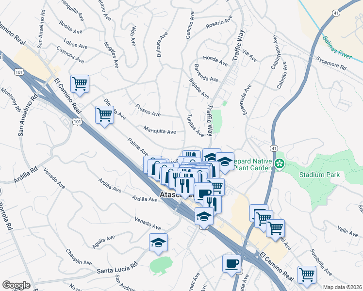 map of restaurants, bars, coffee shops, grocery stores, and more near 5495 Olmeda Avenue in Atascadero