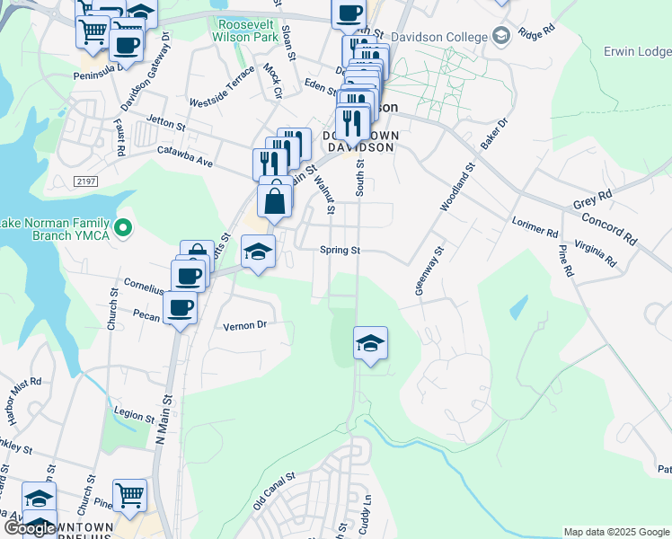 map of restaurants, bars, coffee shops, grocery stores, and more near 517 Walnut Street in Davidson