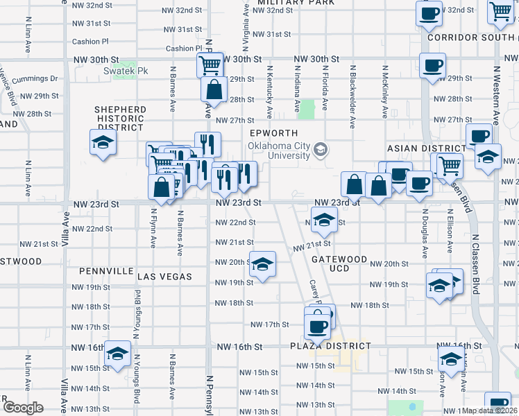 map of restaurants, bars, coffee shops, grocery stores, and more near 1928 Northwest 23rd Street in Oklahoma City