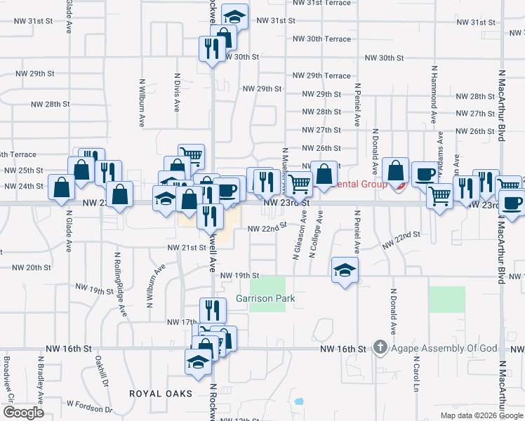 map of restaurants, bars, coffee shops, grocery stores, and more near 6816 Northwest 23rd Street in Bethany