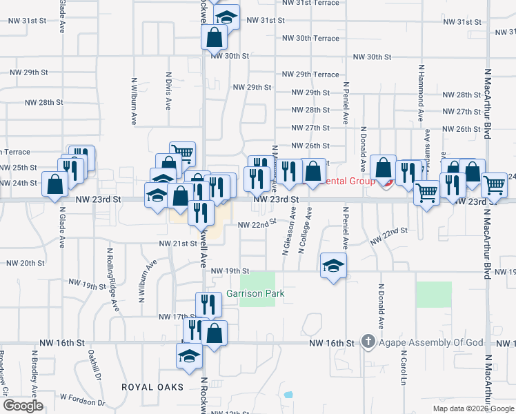 map of restaurants, bars, coffee shops, grocery stores, and more near 6816 Northwest 23rd Street in Bethany